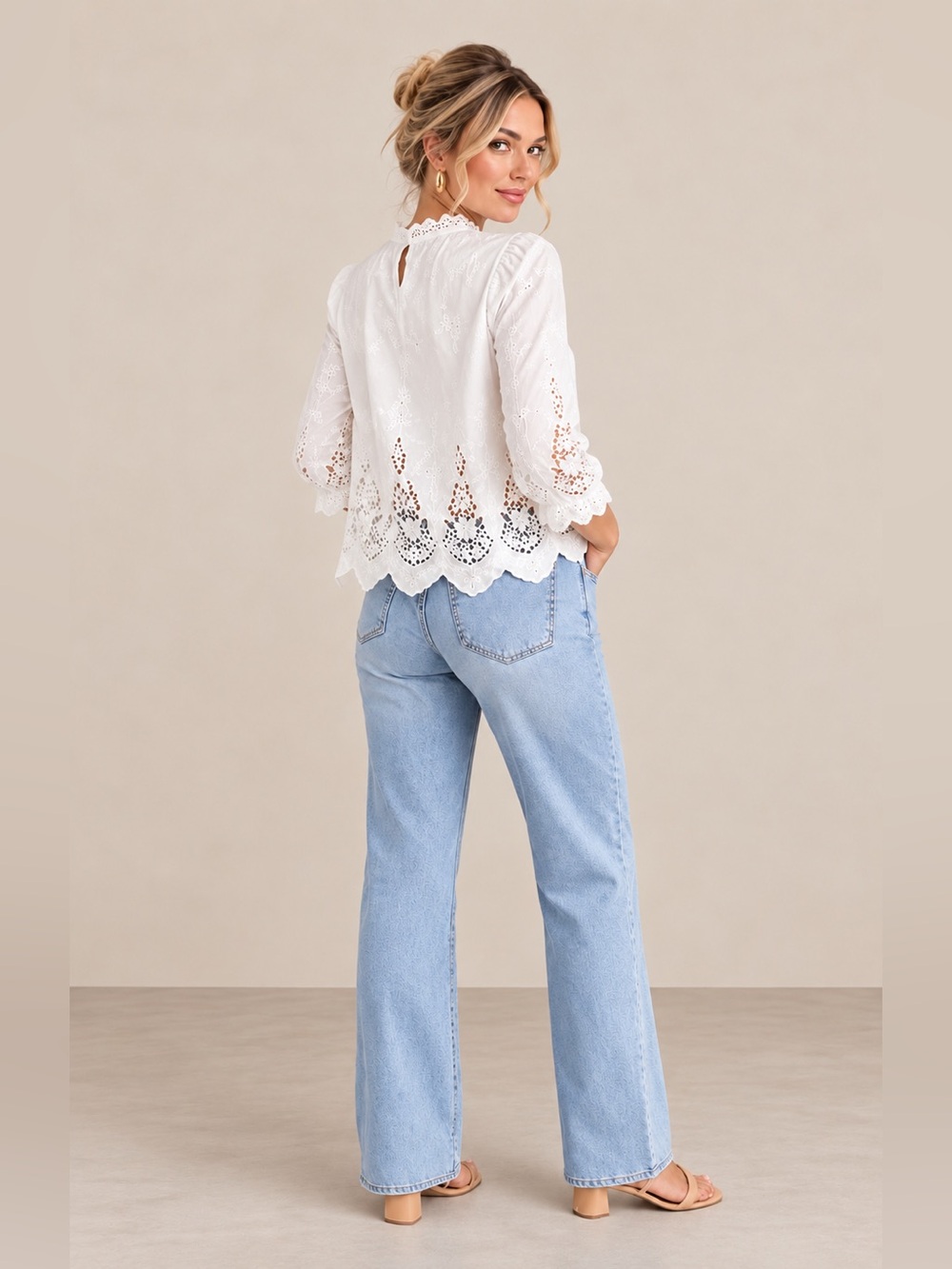 HUNTER BELL White Embroidered Boho Ruffle Collar 3/4 Puff Sleeve Flowy Blouse XS - Picture 9 of 9